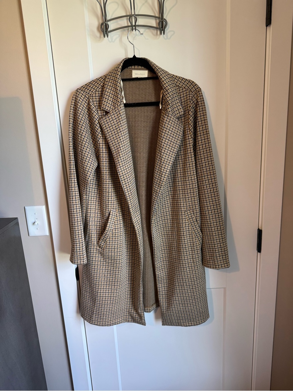 Black Yellow Tan Houndstooth Open Front Coat